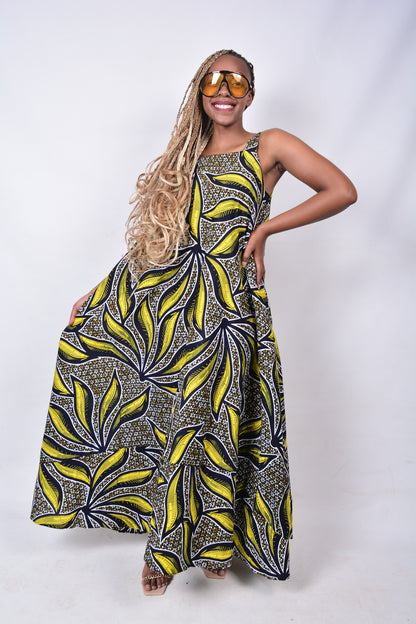 T8277 Traditional African Kente Fabric Yellow, Brown, Navy, White & Black Dress
