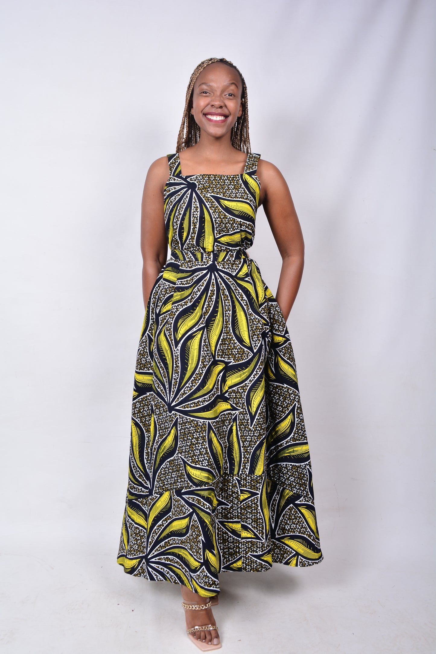 T8277 Traditional African Kente Fabric Yellow, Brown, Navy, White & Black Dress