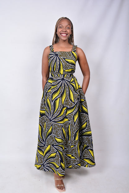 T8277 Traditional African Kente Fabric Yellow, Brown, Navy, White & Black Dress