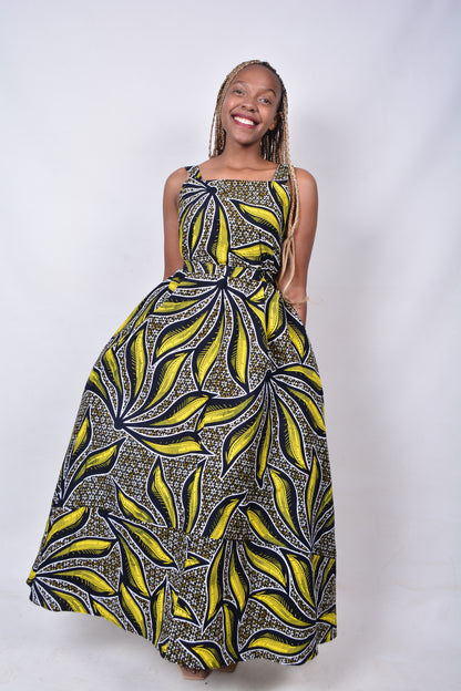 T8277 Traditional African Kente Fabric Yellow, Brown, Navy, White & Black Dress