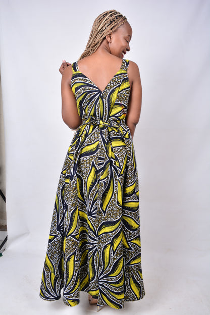 T8277 Traditional African Kente Fabric Yellow, Brown, Navy, White & Black Dress