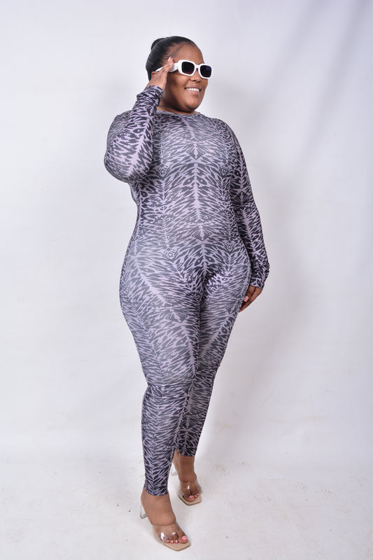 T8265 Ladies Grey & Black skin tight long sleeved jumpsuit