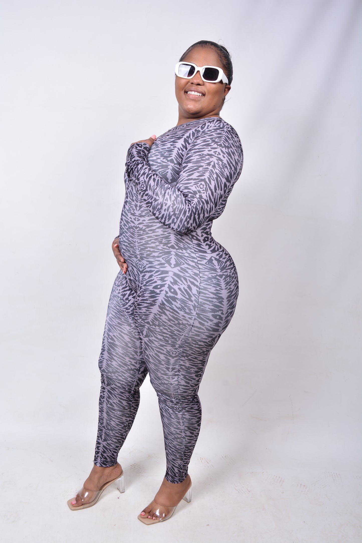 T8265 Ladies Grey & Black skin tight long sleeved jumpsuit