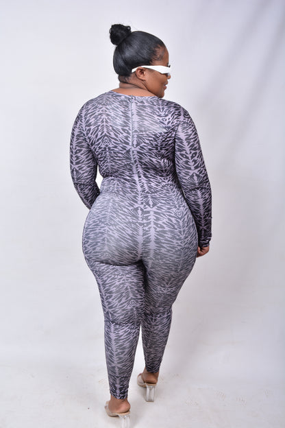 T8265 Ladies Grey & Black skin tight long sleeved jumpsuit