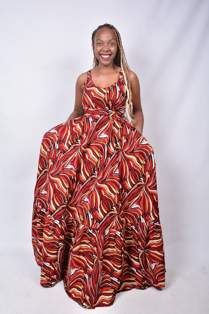 T8273 Traditional African Kente Fabric Maroon, Red, White, Yellow & Black Dress