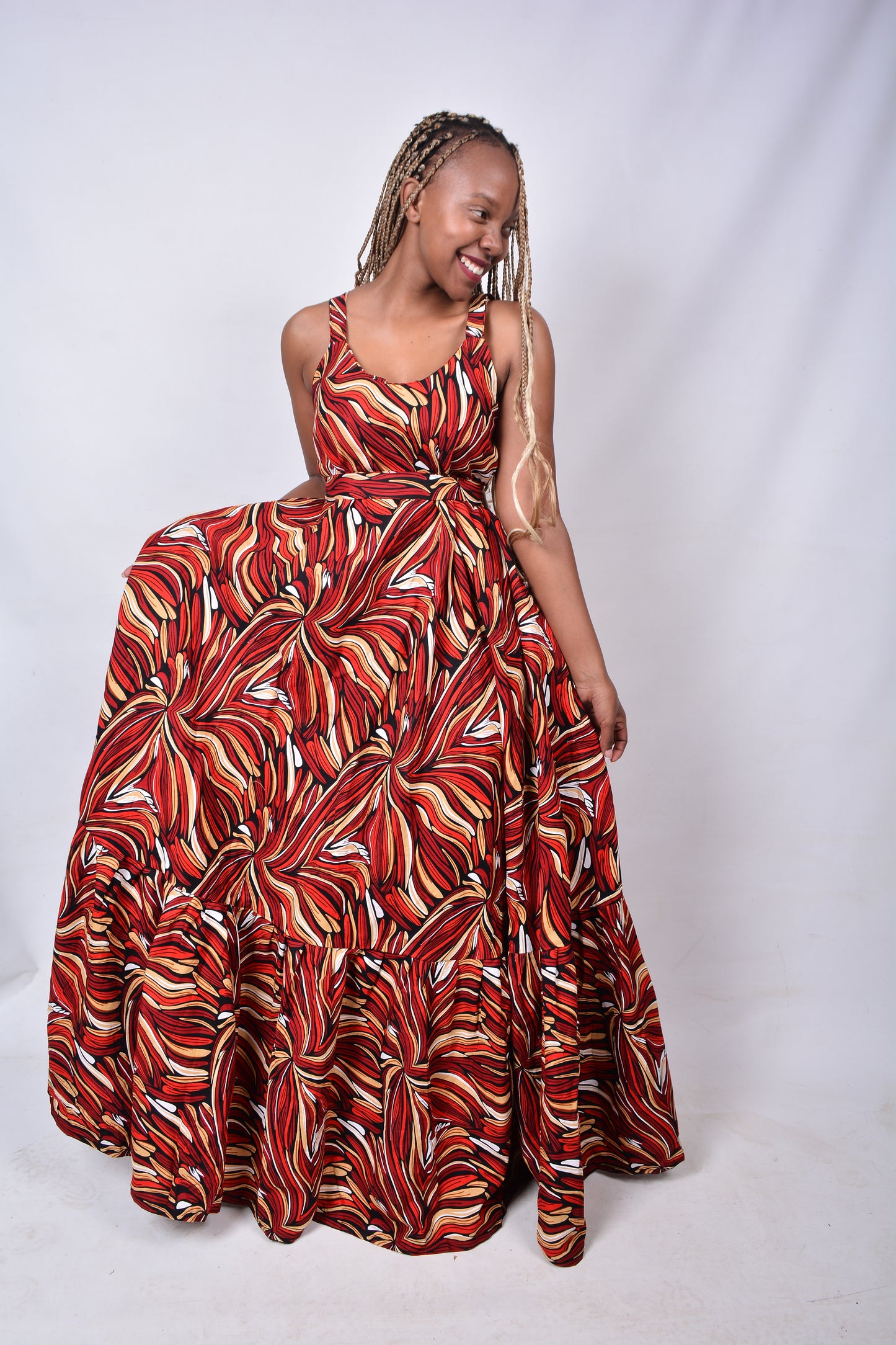 T8273 Traditional African Kente Fabric Maroon, Red, White, Yellow & Black Dress