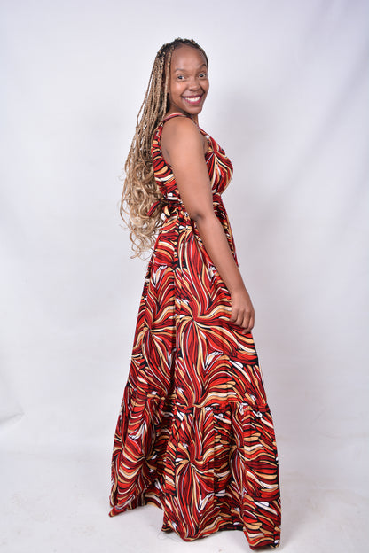 T8273 Traditional African Kente Fabric Maroon, Red, White, Yellow & Black Dress
