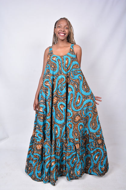 T8276 Traditional African Kente Fabric Brown, Green & Black Dress