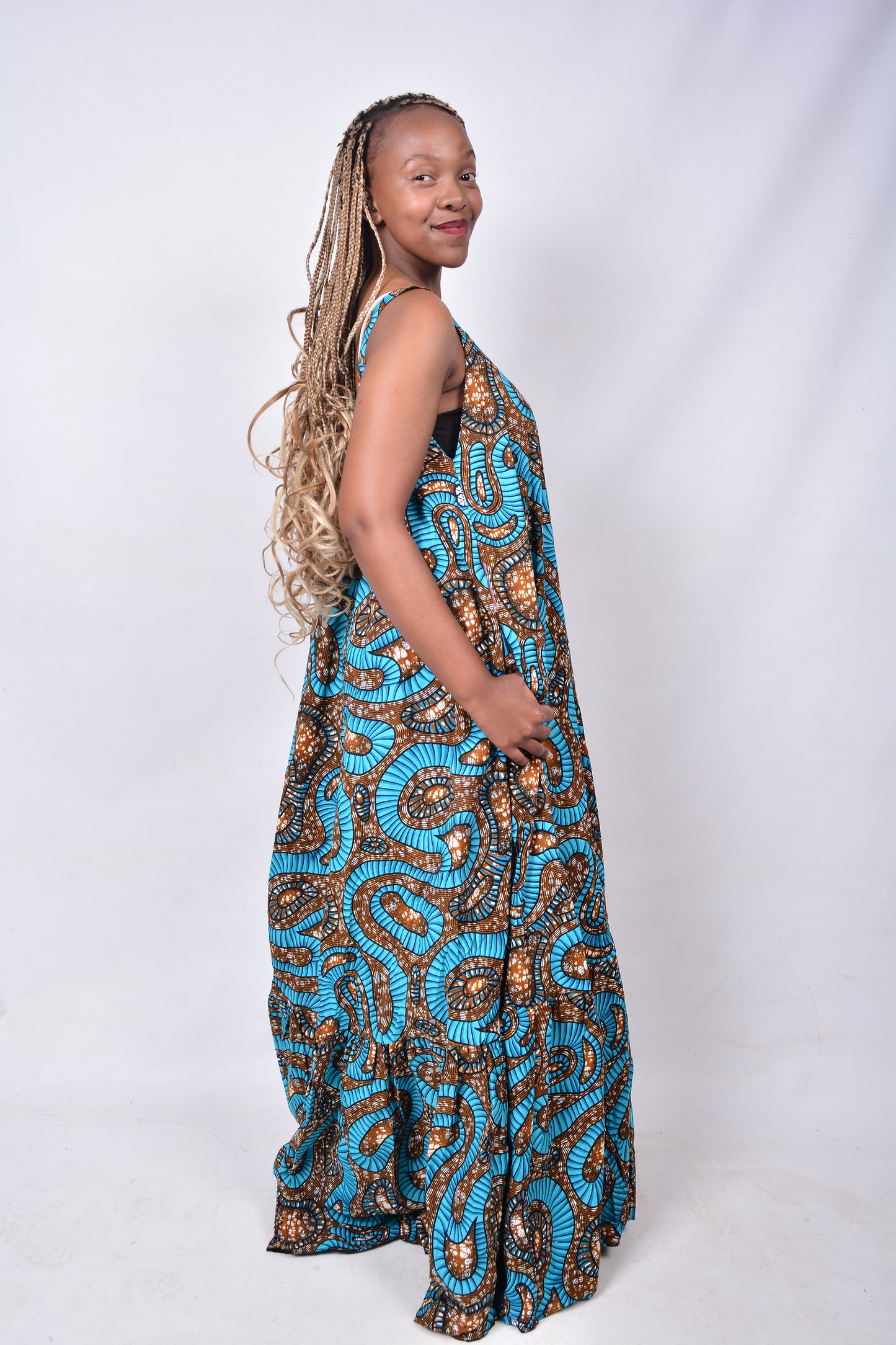 T8276 Traditional African Kente Fabric Brown, Green & Black Dress