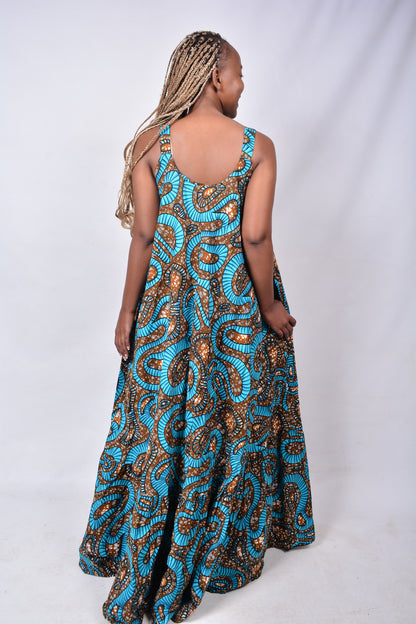 T8276 Traditional African Kente Fabric Brown, Green & Black Dress