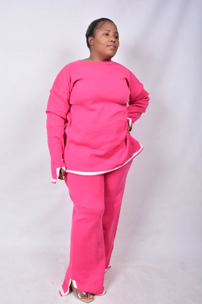 T8263 Ladies Pink & White 2 piece long sleeved woollen outfit