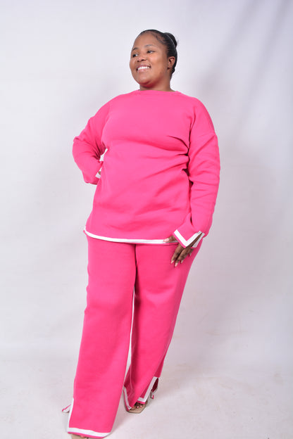 T8263 Ladies Pink & White 2 piece long sleeved woollen outfit
