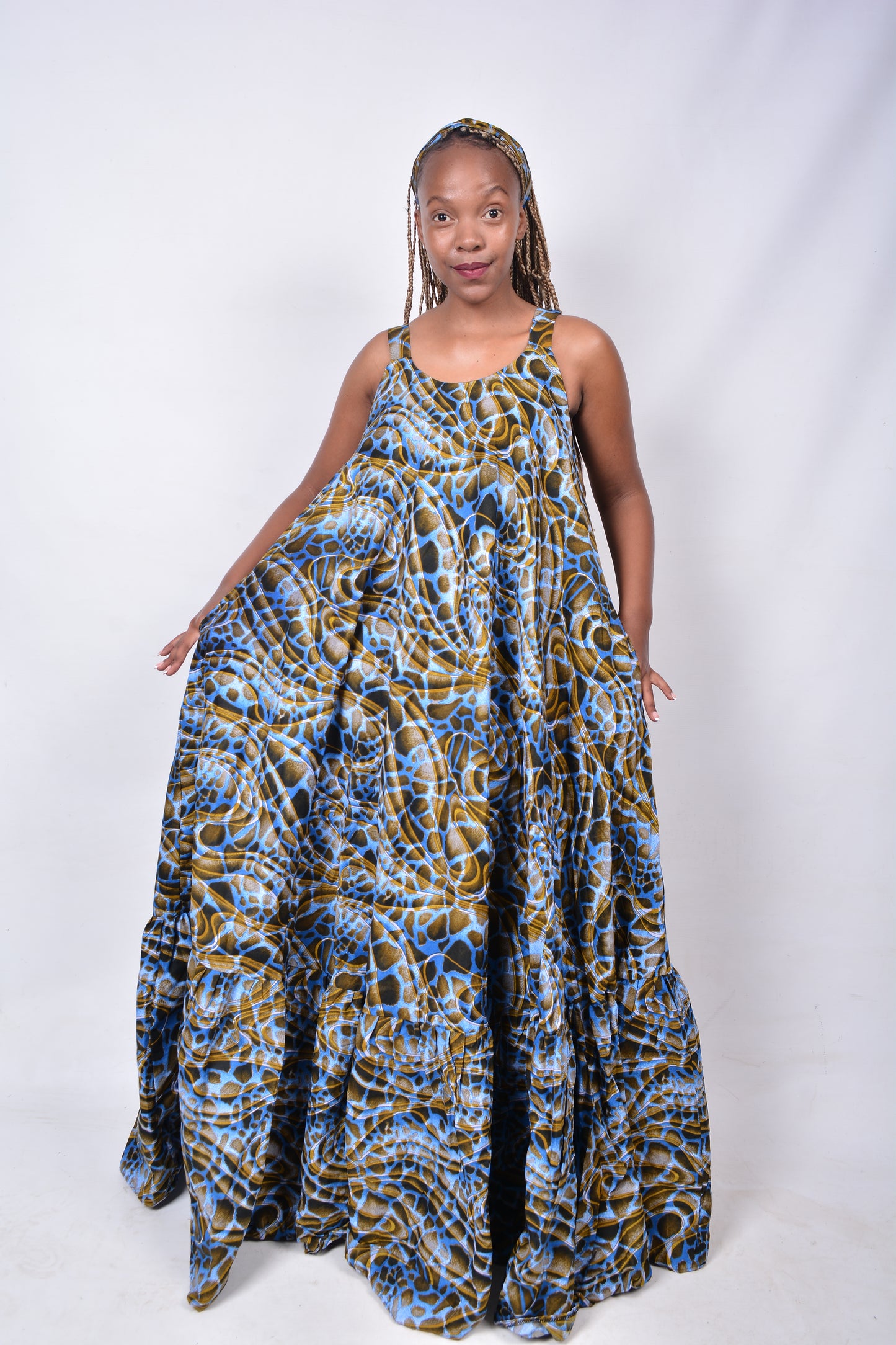 T8275 Traditional African Kente Fabric Blue Mustard & Black Dress