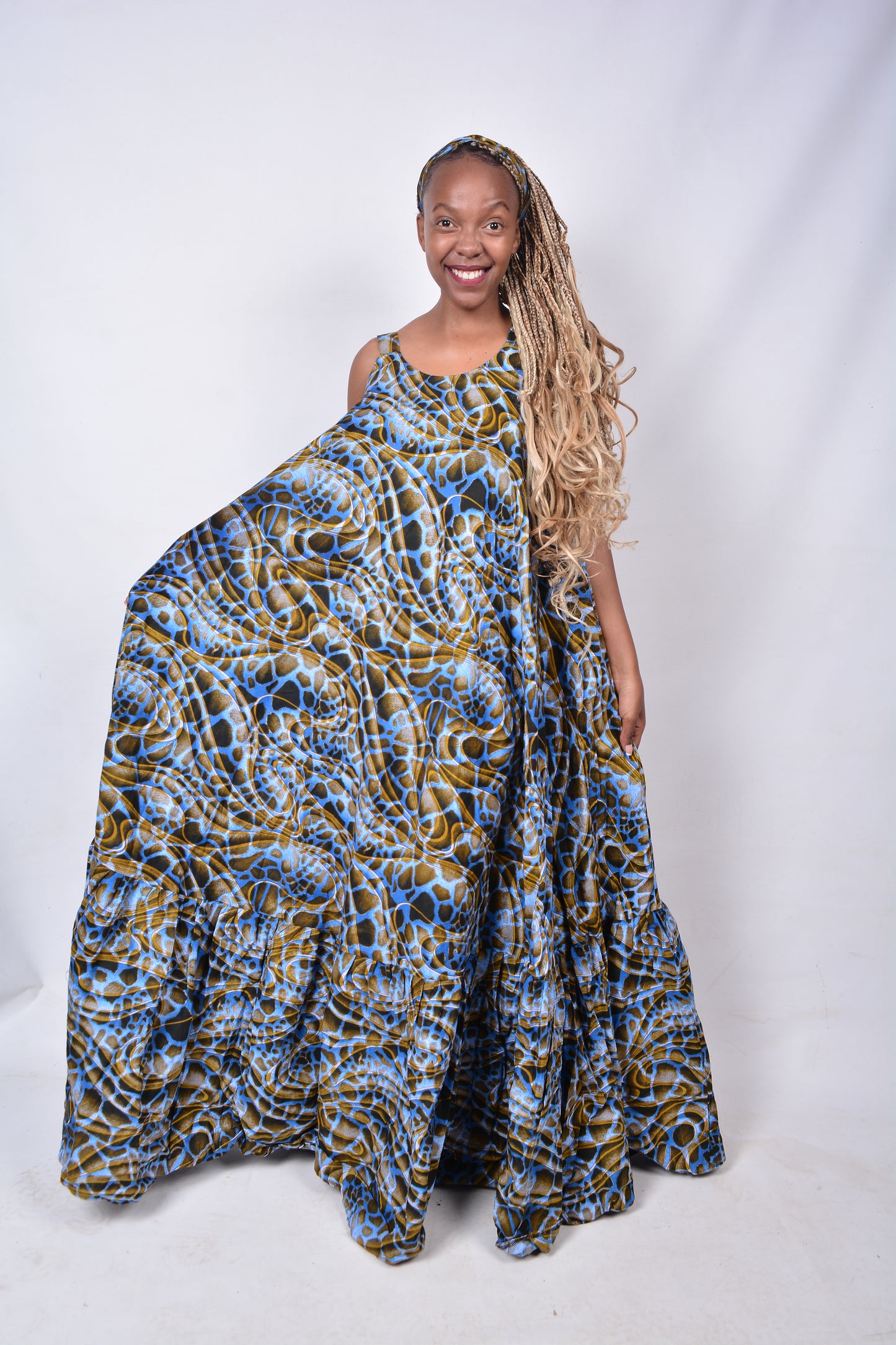 T8275 Traditional African Kente Fabric Blue Mustard & Black Dress