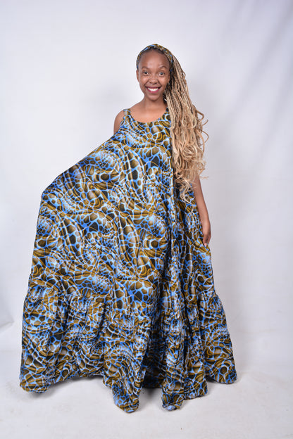 T8275 Traditional African Kente Fabric Blue Mustard & Black Dress