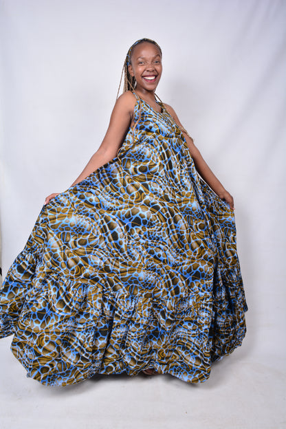 T8275 Traditional African Kente Fabric Blue Mustard & Black Dress