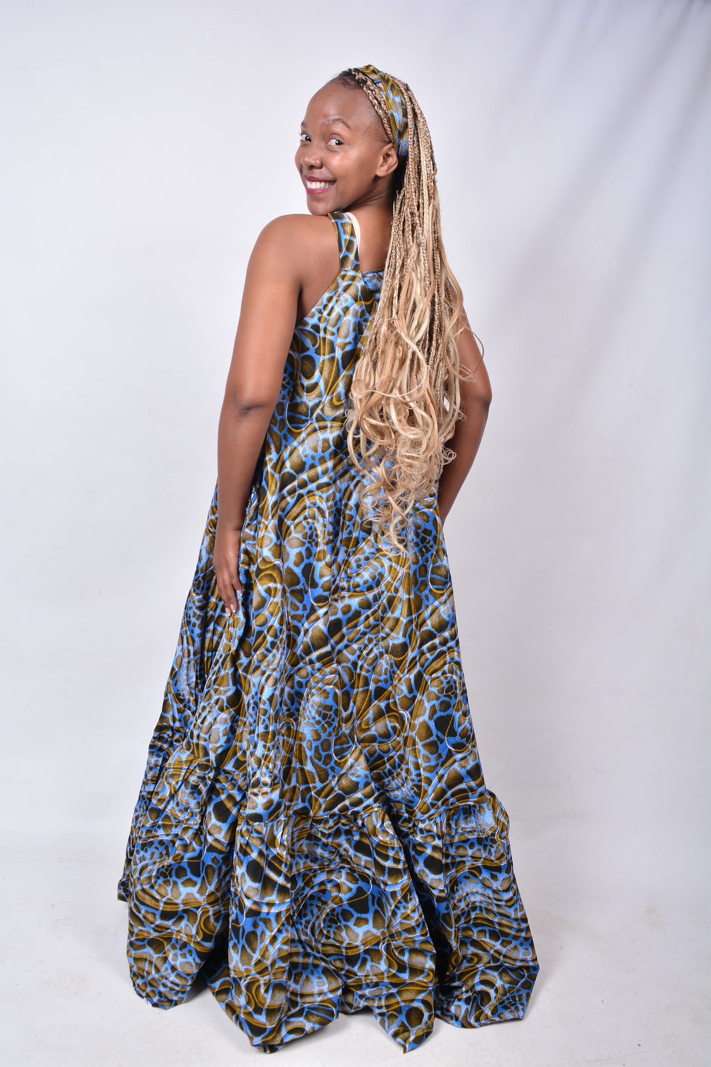 T8275 Traditional African Kente Fabric Blue Mustard & Black Dress