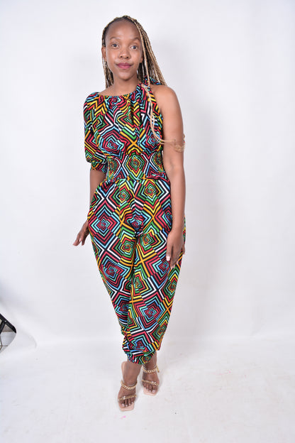T8279 Ladies African Kente Fabric multi-colour Jumpsuit