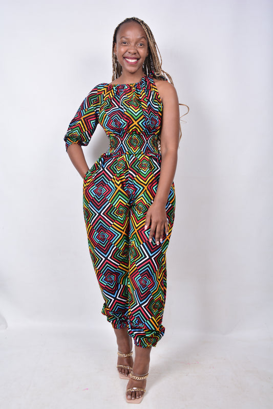 T8279 Ladies African Kente Fabric multi-colour Jumpsuit