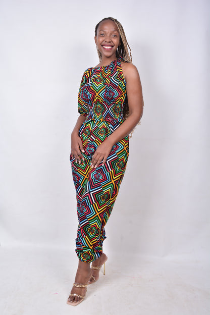 T8279 Ladies African Kente Fabric multi-colour Jumpsuit