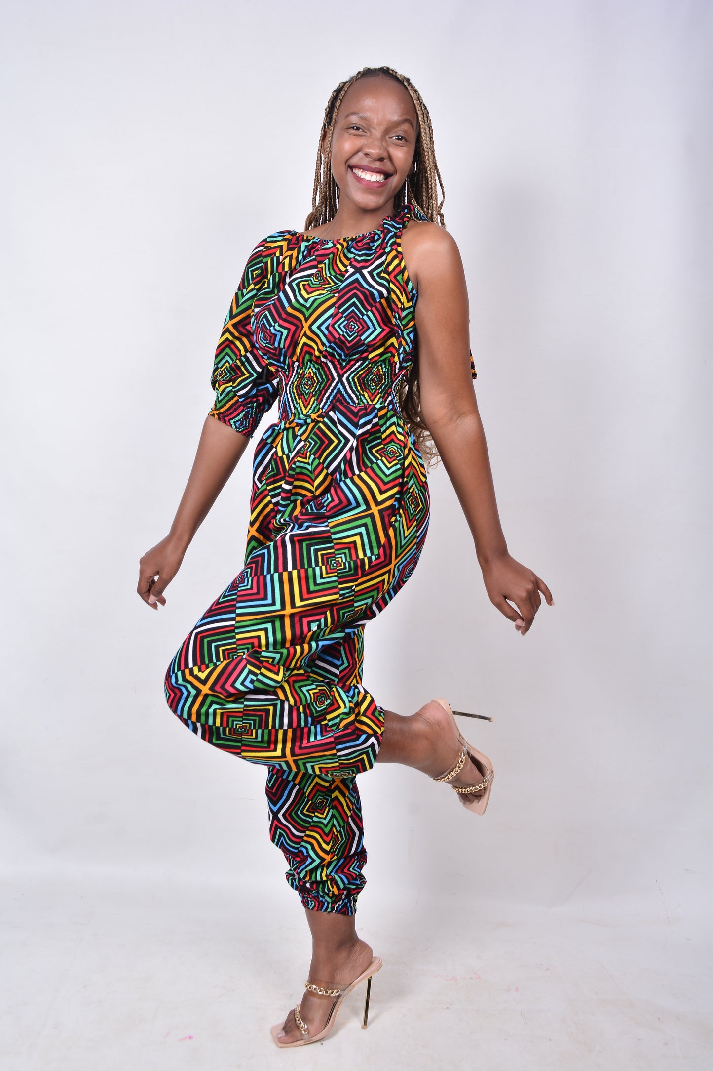 T8279 Ladies African Kente Fabric multi-colour Jumpsuit