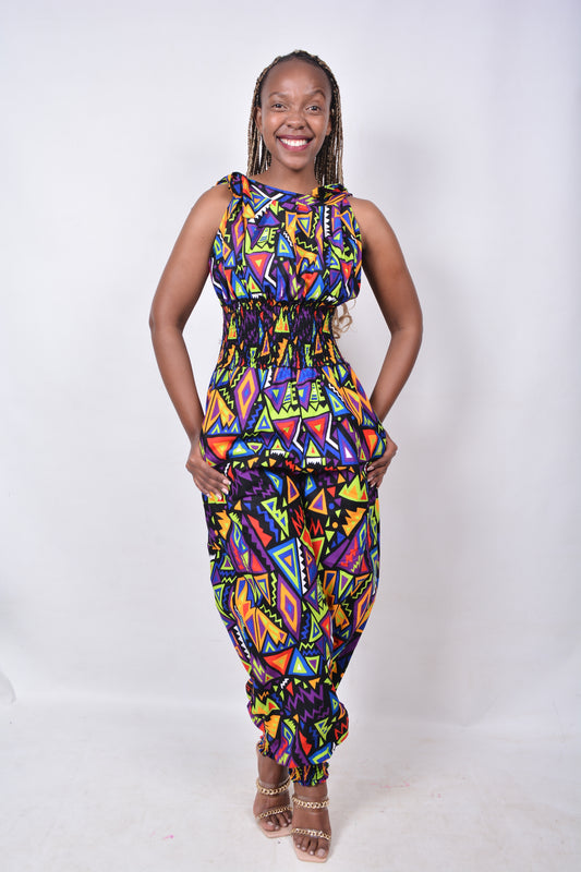 T8281 Ladies African Kente Fabric multi-colour Jumpsuit