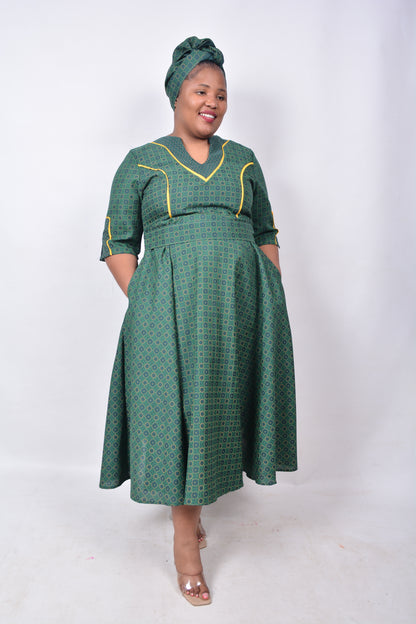 T8260 Ladies Shweshwe Green and Yellow Dress