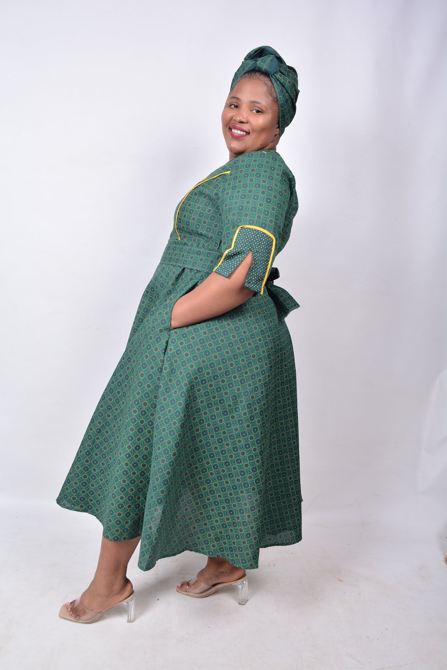 T8260 Ladies Shweshwe Green and Yellow Dress