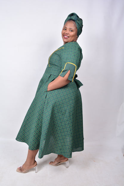 T8260 Ladies Shweshwe Green and Yellow Dress