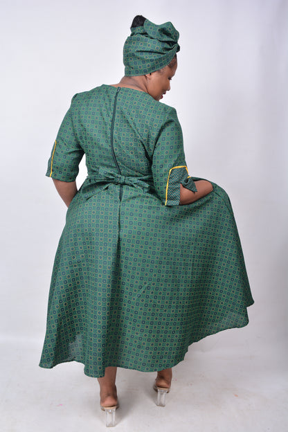 T8260 Ladies Shweshwe Green and Yellow Dress
