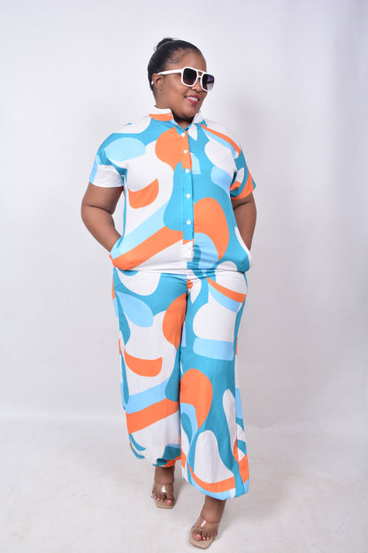T8264 Ladies White, Green, Orange & Blue Wide Leg Tapered Ankles Jumpsuit