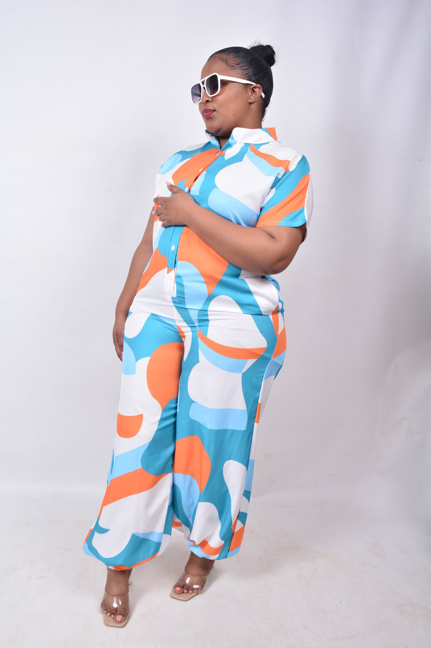 T8264 Ladies White, Green, Orange & Blue Wide Leg Tapered Ankles Jumpsuit