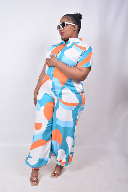 T8264 Ladies White, Green, Orange & Blue Wide Leg Tapered Ankles Jumpsuit