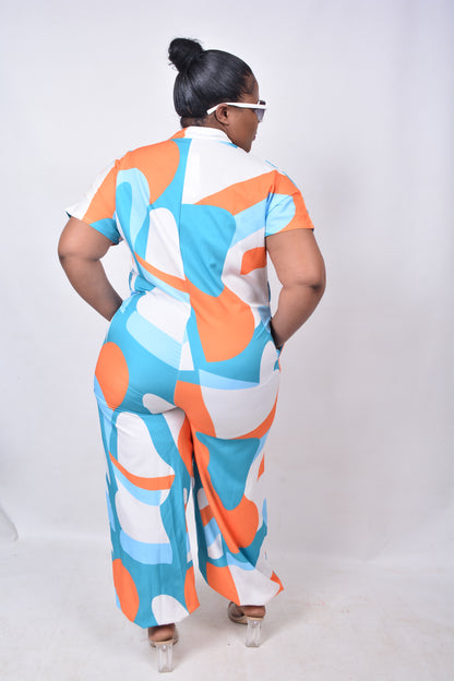 T8264 Ladies White, Green, Orange & Blue Wide Leg Tapered Ankles Jumpsuit