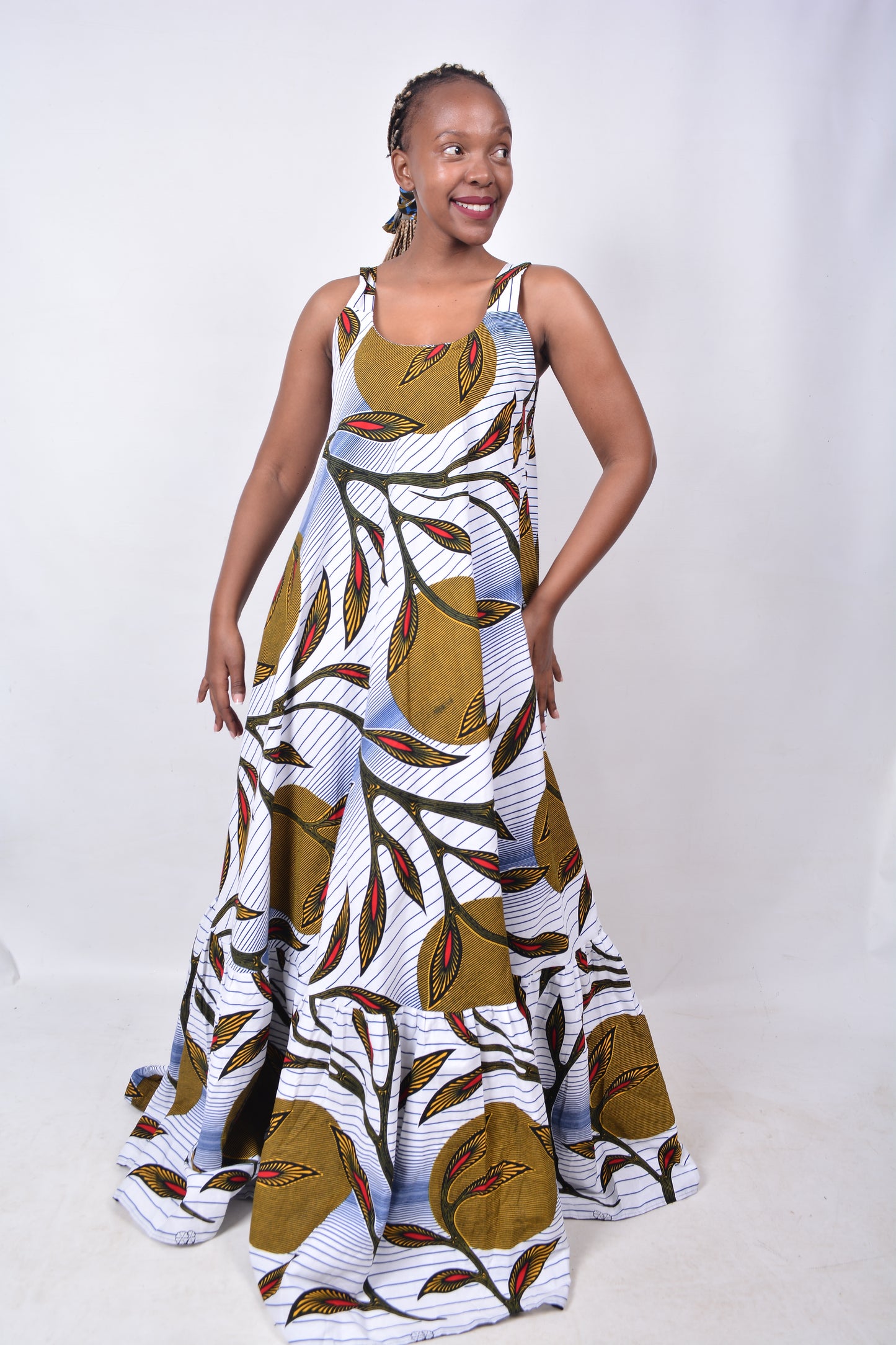 T8271 Traditional African Kente Fabric White, Yellow, Red, Navy & Black Dress