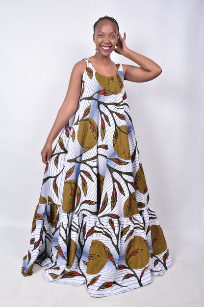 T8271 Traditional African Kente Fabric White, Yellow, Red, Navy & Black Dress