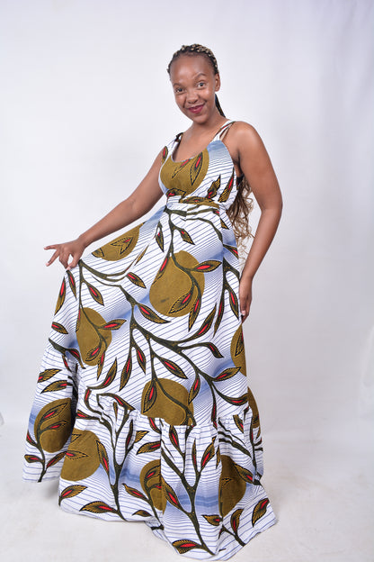 T8271 Traditional African Kente Fabric White, Yellow, Red, Navy & Black Dress