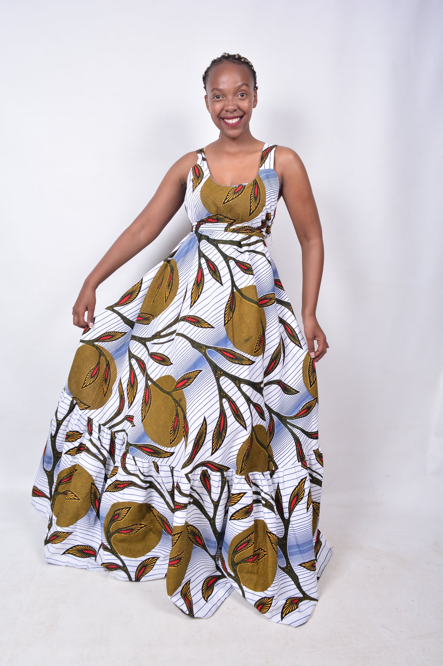 T8271 Traditional African Kente Fabric White, Yellow, Red, Navy & Black Dress