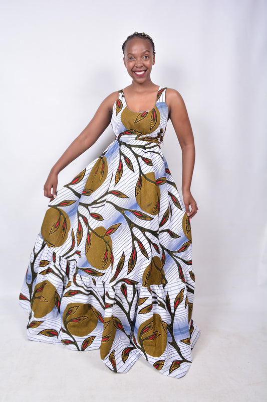 T8271 Traditional African Kente Fabric White, Yellow, Red, Navy & Black Dress