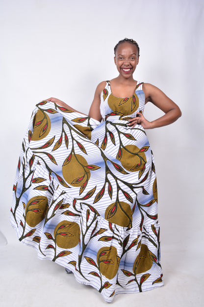 T8271 Traditional African Kente Fabric White, Yellow, Red, Navy & Black Dress