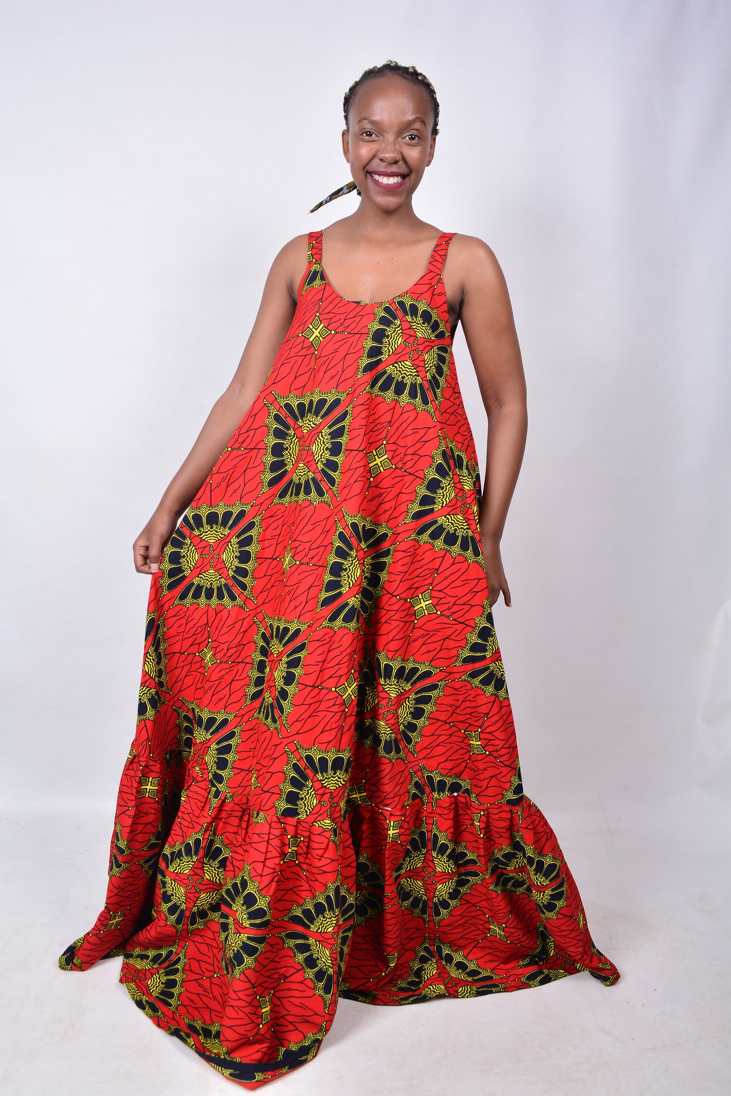 T8272 Traditional African Kente Fabric Red, Yellow, Navy & Black Dress