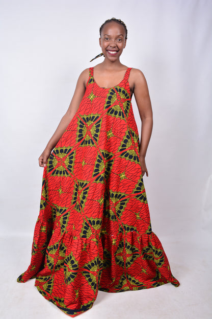 T8272 Traditional African Kente Fabric Red, Yellow, Navy & Black Dress