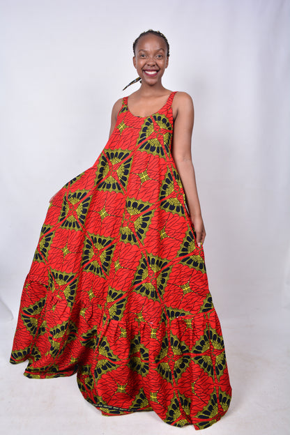 T8272 Traditional African Kente Fabric Red, Yellow, Navy & Black Dress