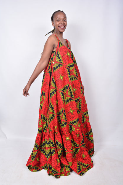 T8272 Traditional African Kente Fabric Red, Yellow, Navy & Black Dress