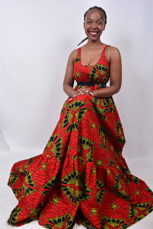 T8272 Traditional African Kente Fabric Red, Yellow, Navy & Black Dress