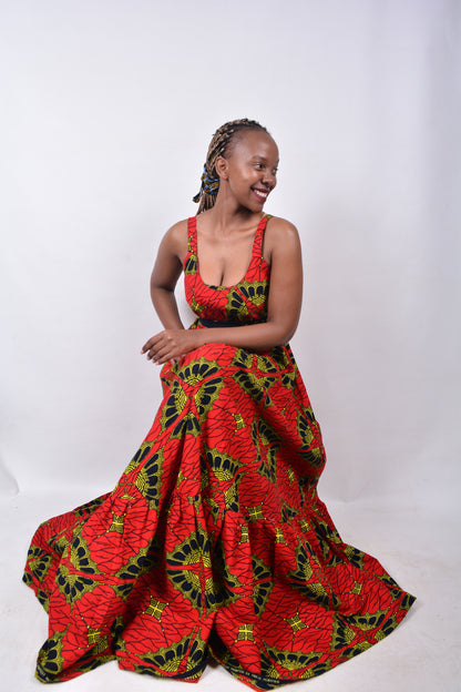 T8272 Traditional African Kente Fabric Red, Yellow, Navy & Black Dress