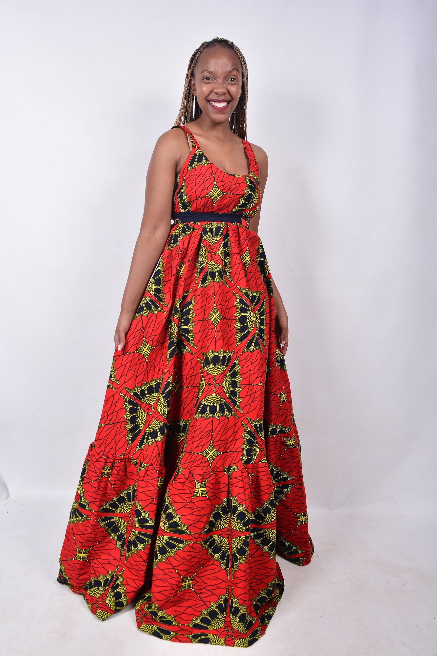 T8272 Traditional African Kente Fabric Red, Yellow, Navy & Black Dress