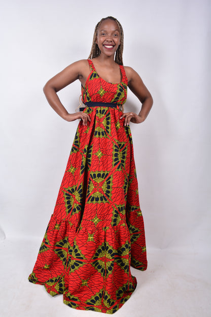 T8272 Traditional African Kente Fabric Red, Yellow, Navy & Black Dress