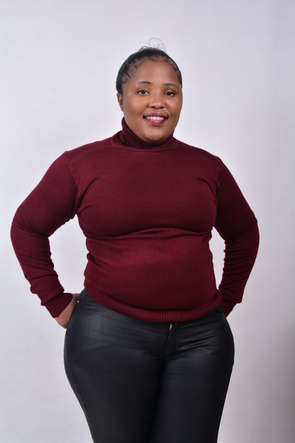 T8267 Unisex Long Sleeved Maroon Woollen Turtle Neck