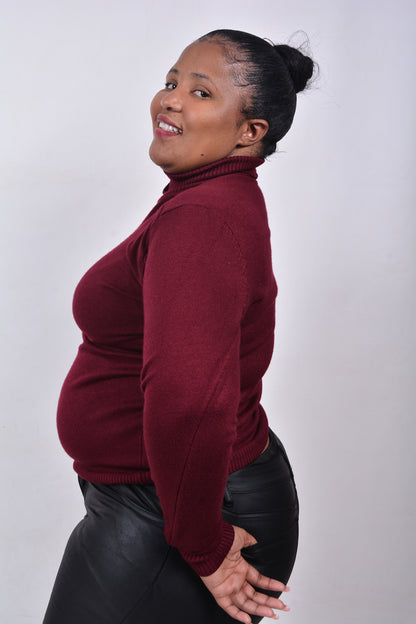 T8267 Unisex Long Sleeved Maroon Woollen Turtle Neck